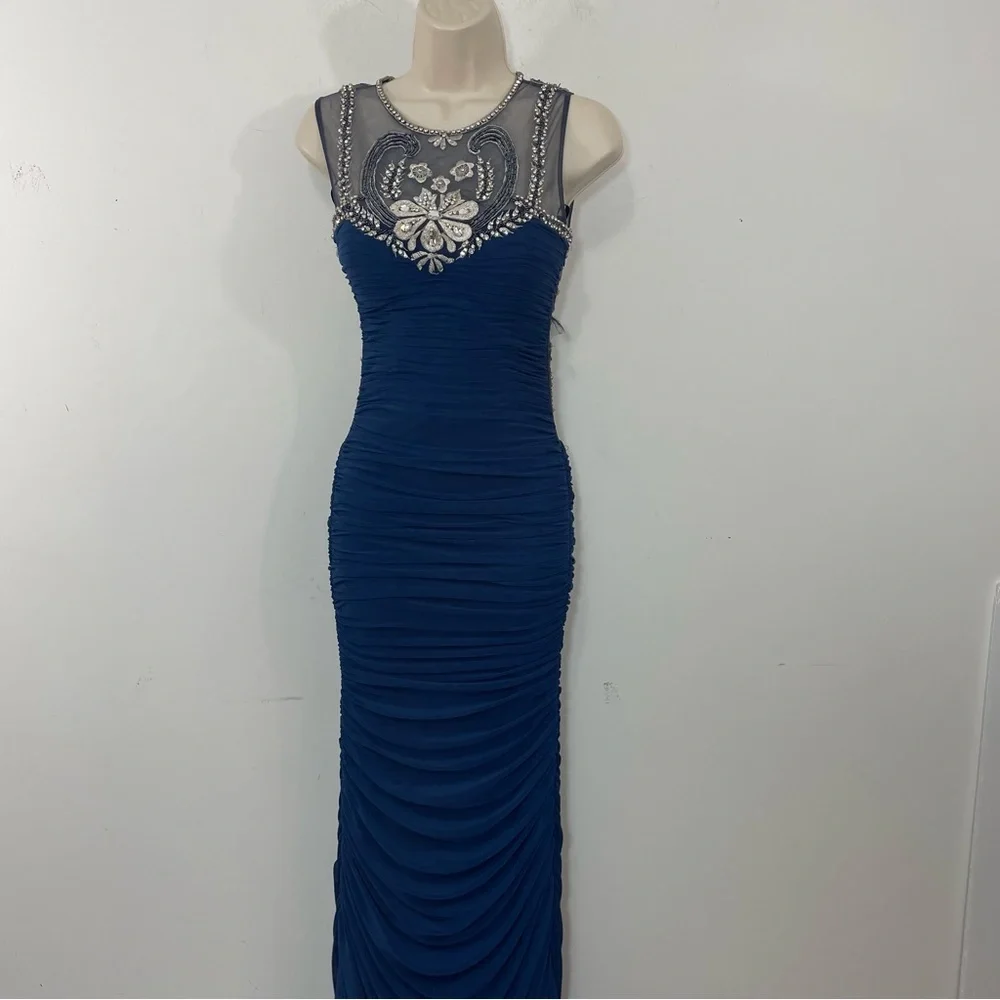 Jovani Ruched Evening gown Dress Embroidered Rhinestons size 00 pageant Blue - Picture 3 of 13